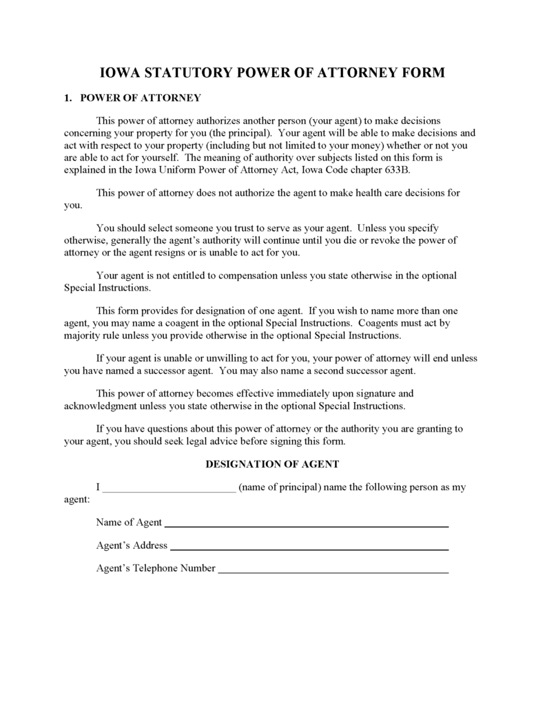 Free Iowa Statutory Durable Power of Attorney Form | PDF