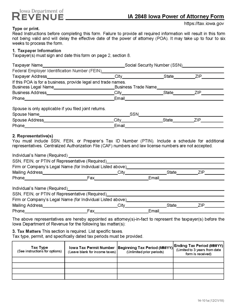 Free iowa tax power of attorney form ia 2848 pdf