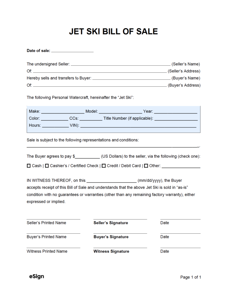 Free Jet Ski Bill Of Sale Form PDF Word