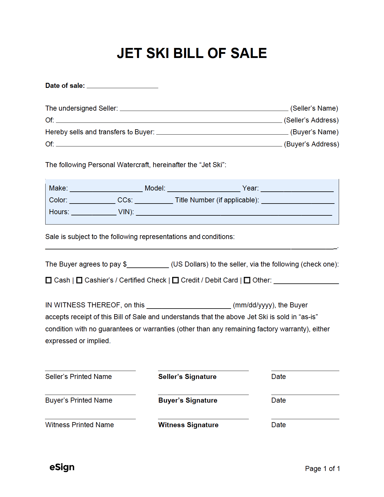 Free Jet Ski Bill of Sale Form PDF Word