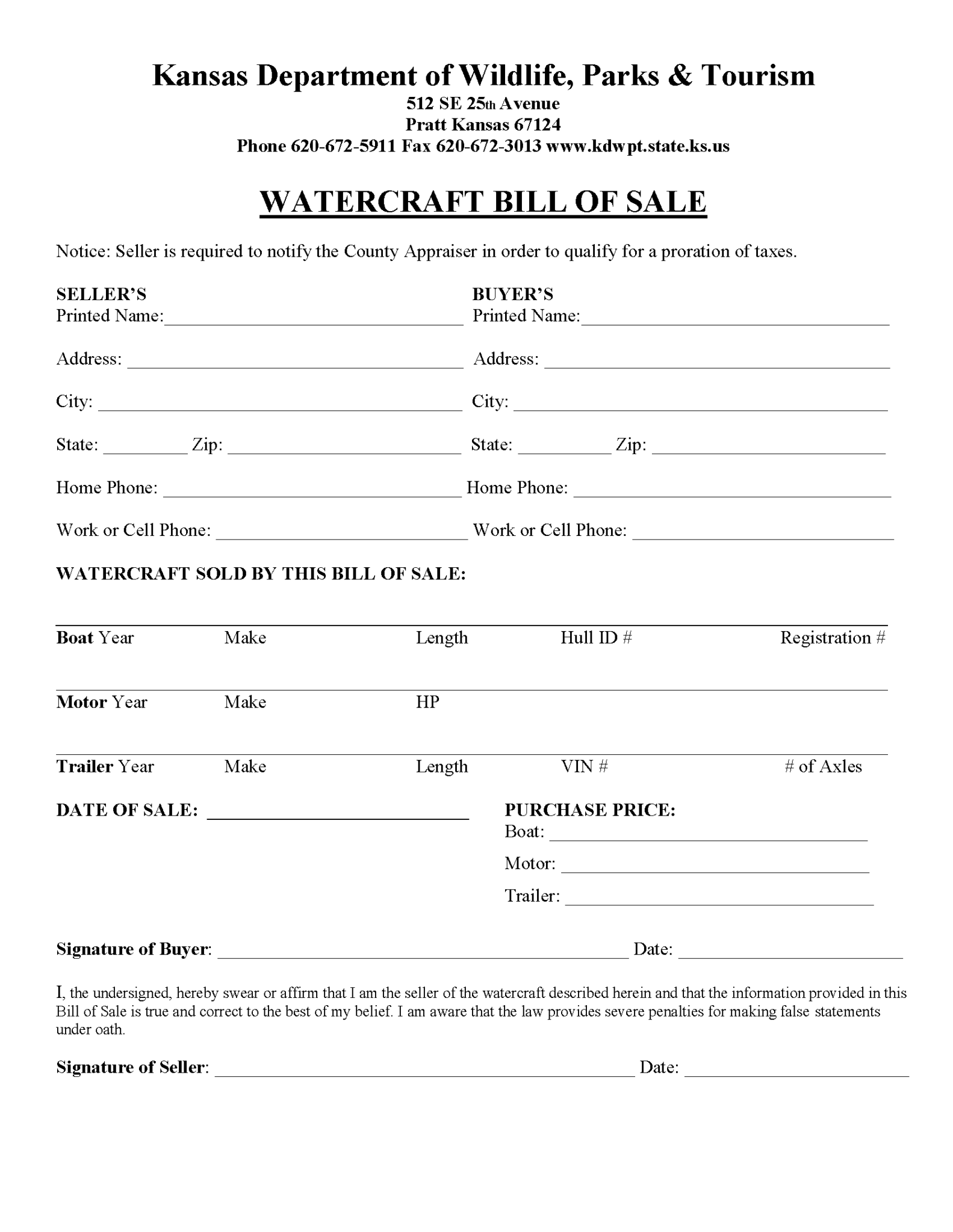 Free Kansas Boat Bill of Sale Form PDF