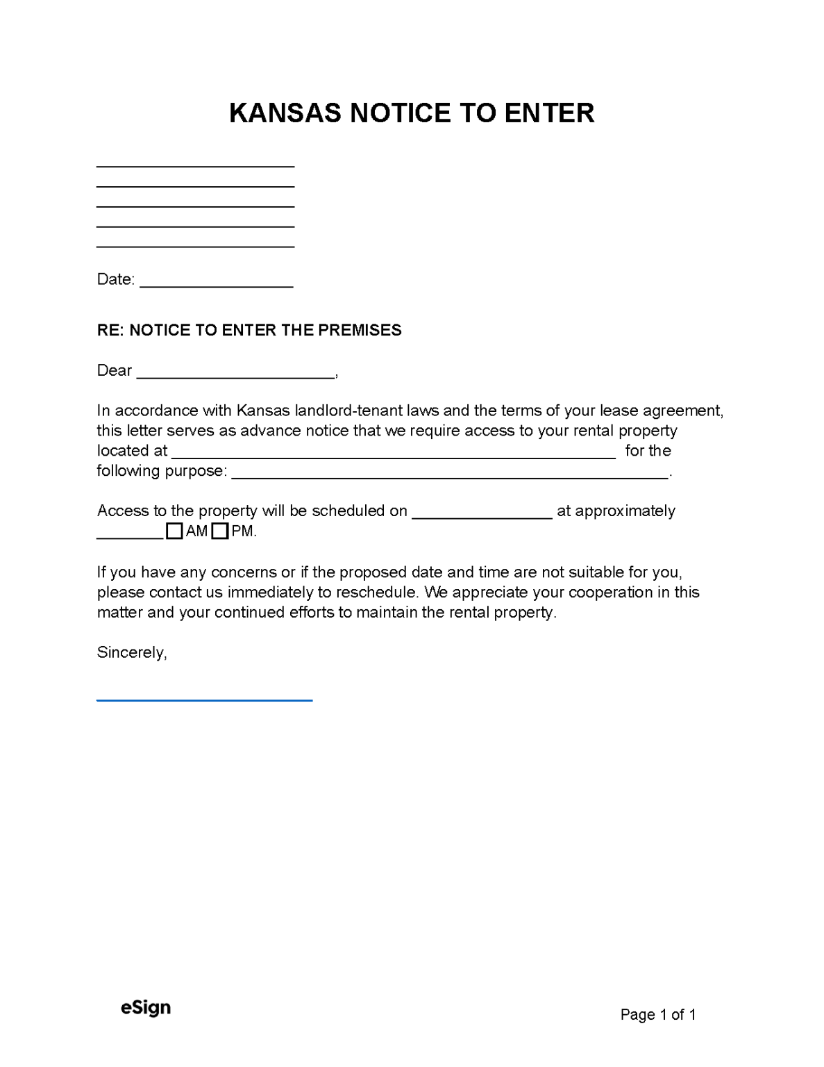 Free Kansas Landlord Notice to Enter PDF Word