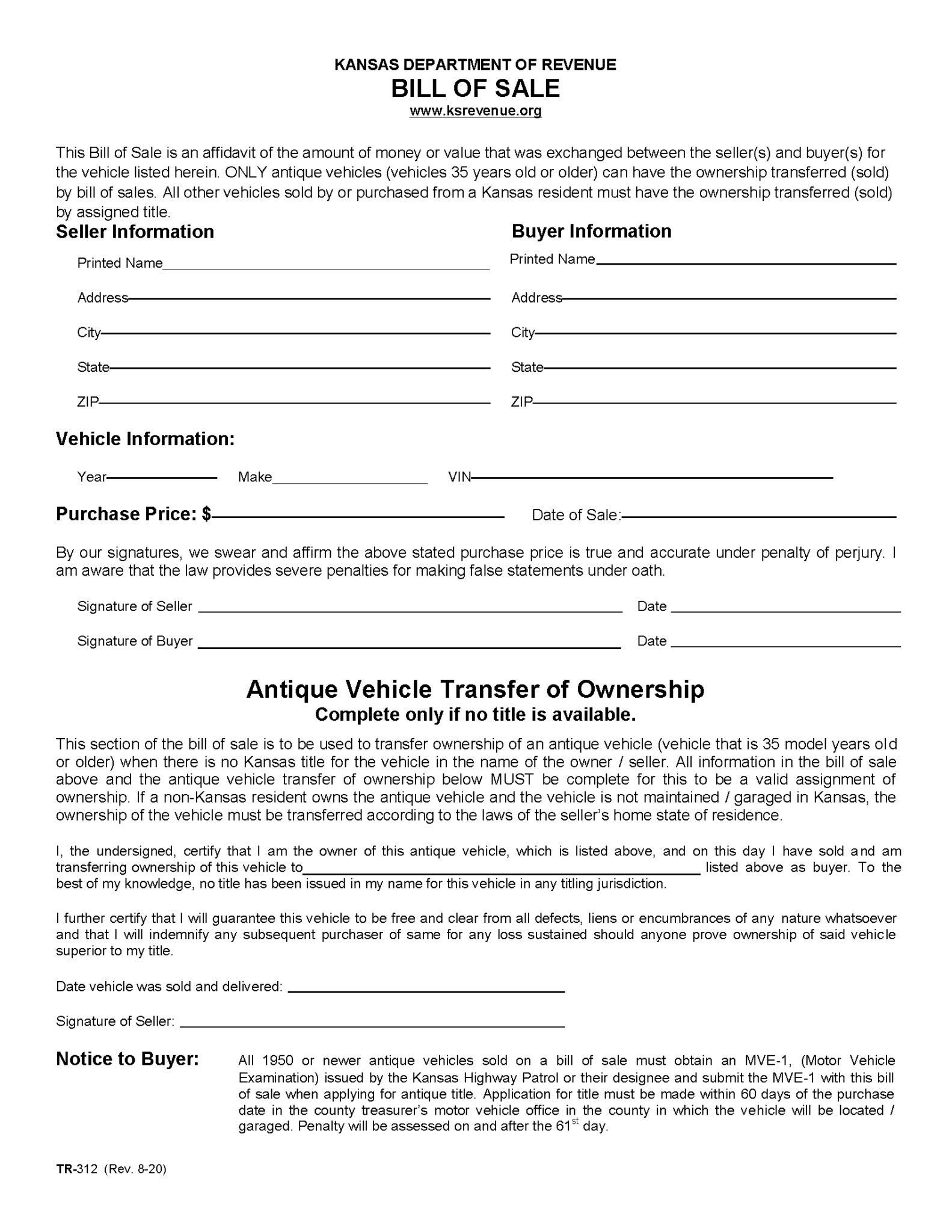 Free Kansas Motor Vehicle Bill of Sale Form PDF