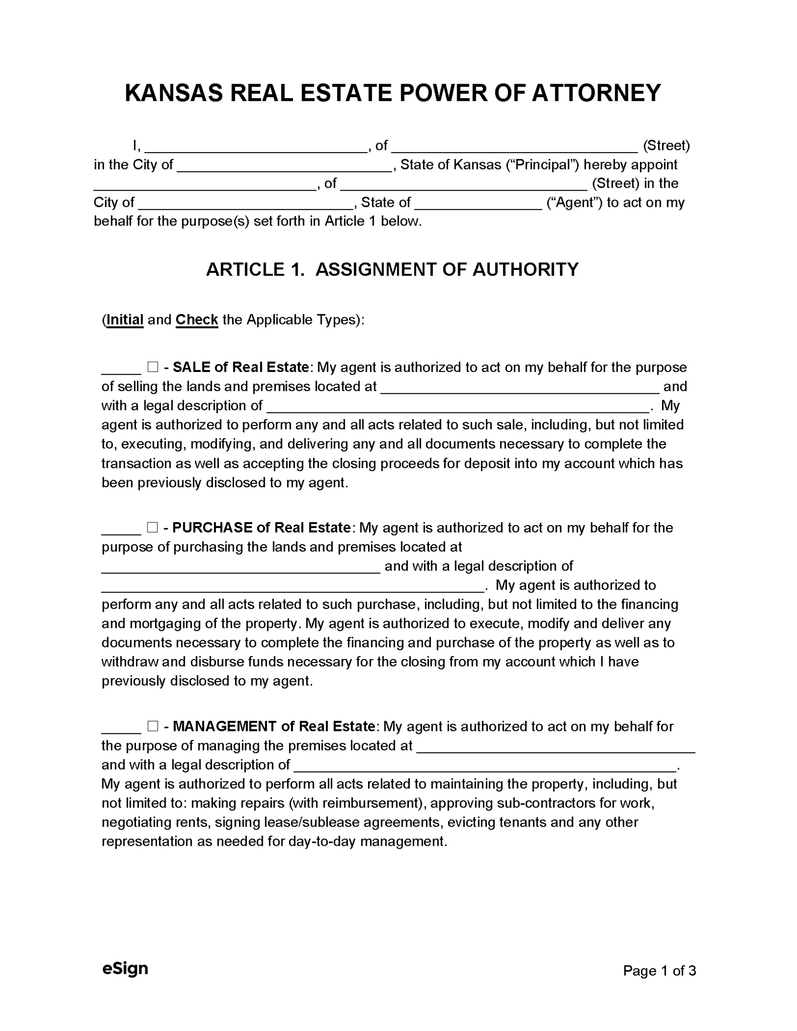 Free Kansas Real Estate Power of Attorney Form PDF Word