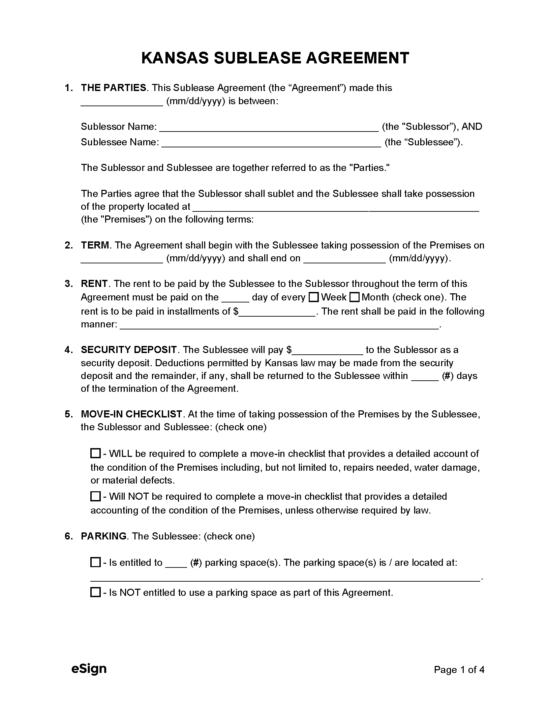 Free Kansas Sublease Agreement Template PDF Word