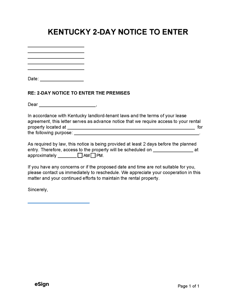 Free Kentucky Landlord Notice to Enter | 2-Day | PDF | Word