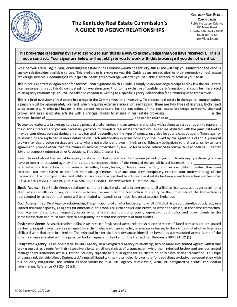Free Kentucky Real Estate Listing Agreement PDF Word