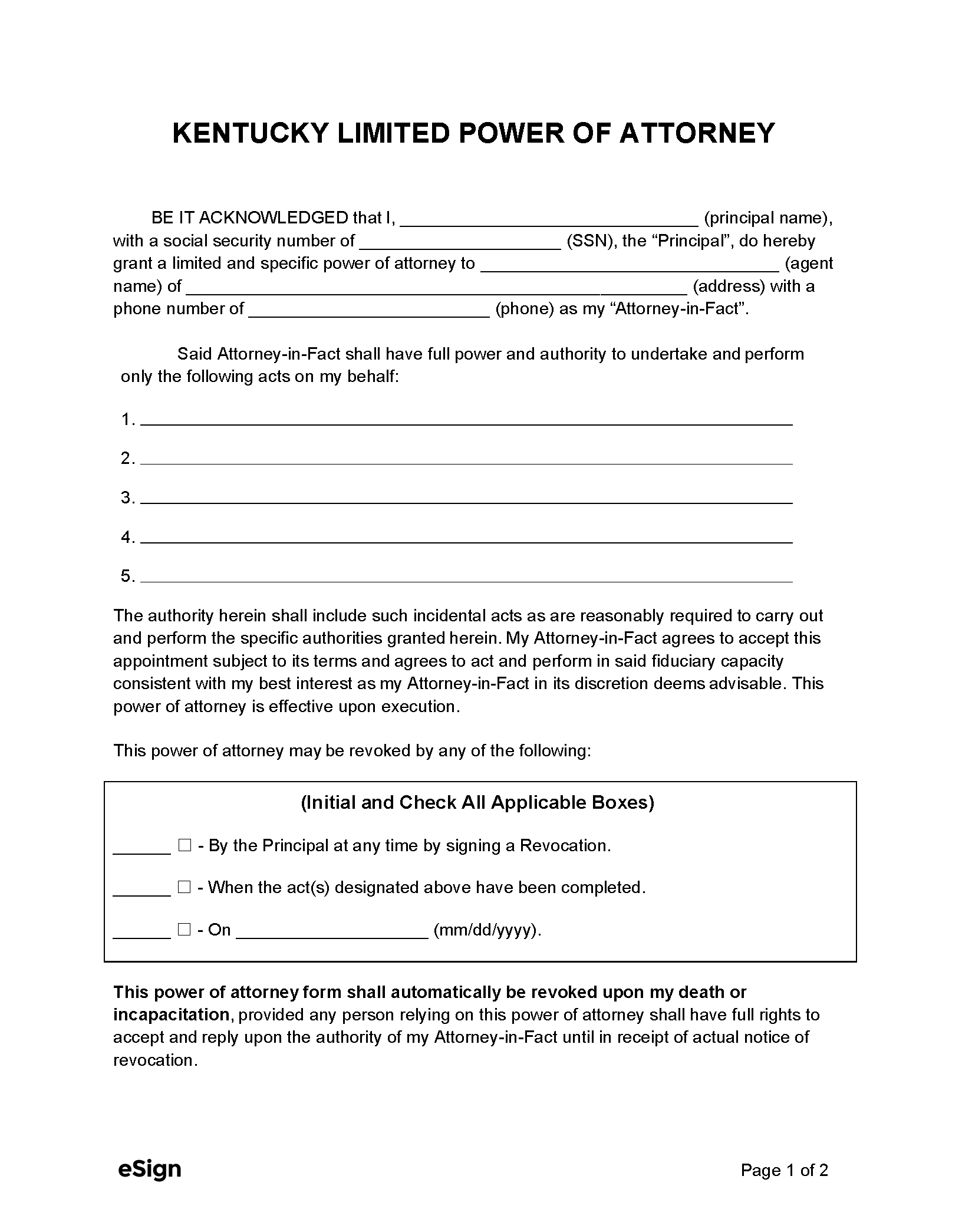 Free Kentucky Limited Power of Attorney Form PDF Word