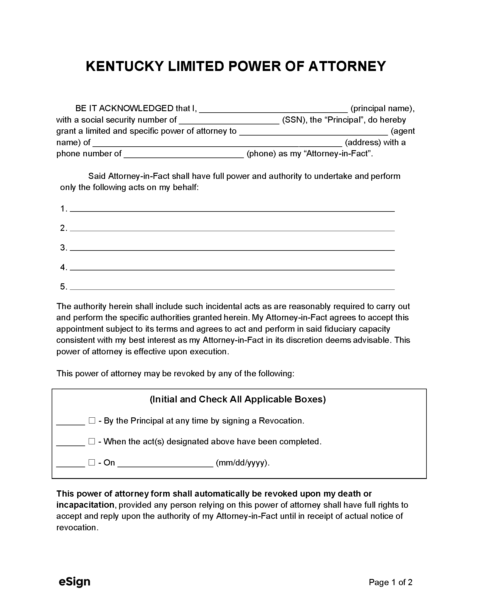 Free Printable Power Of Attorney Form Kentucky Templates