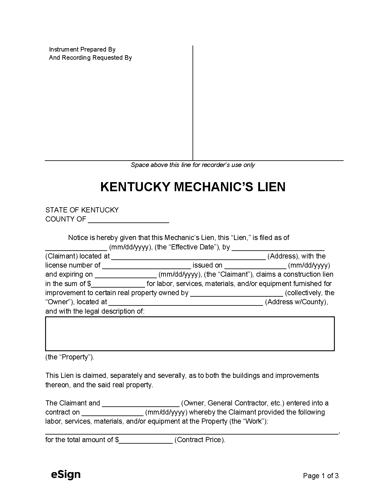 Free Kentucky Mechanic s Lien Form PDF Word
