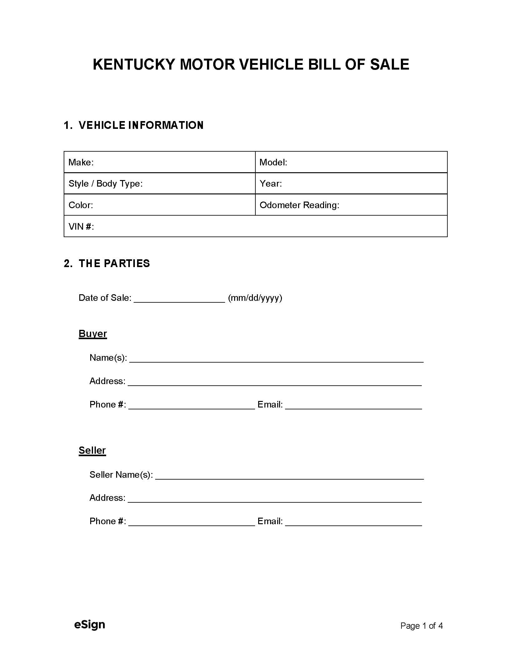 Free Kentucky Motor Vehicle Bill of Sale Form PDF Word