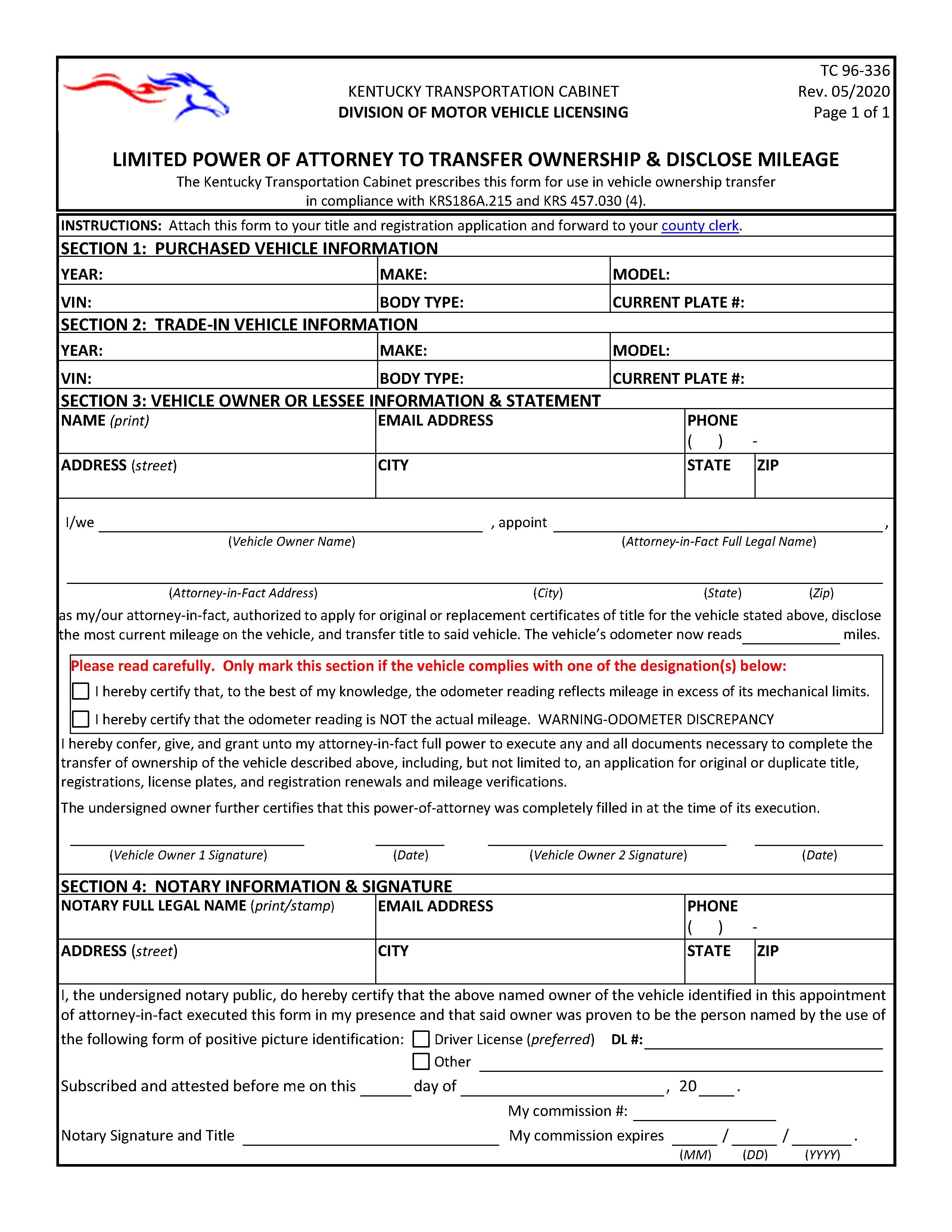 Free Kentucky Motor Vehicle Power Of Attorney Form TC96 336 PDF Word
