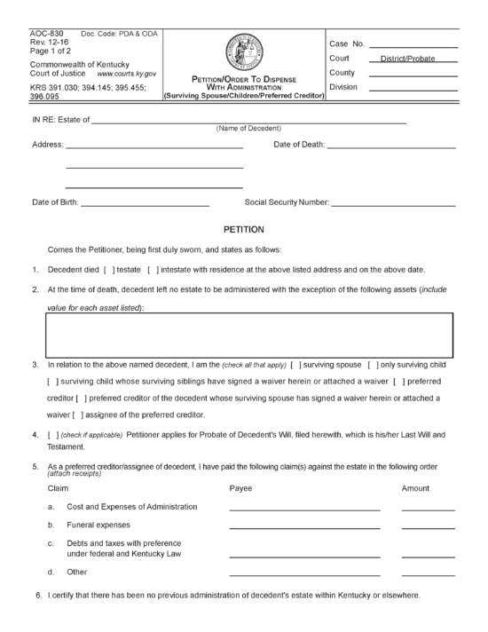 Free Kentucky Small Estate Affidavit Form | PDF