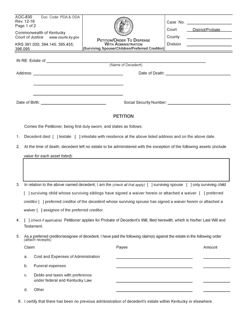 Free Kentucky Small Estate Affidavit Form | PDF