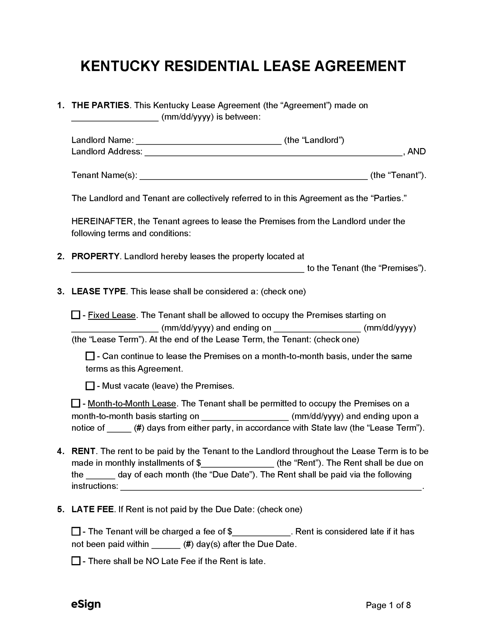 Free Kentucky Rental Lease Agreement Templates (6) PDF Word