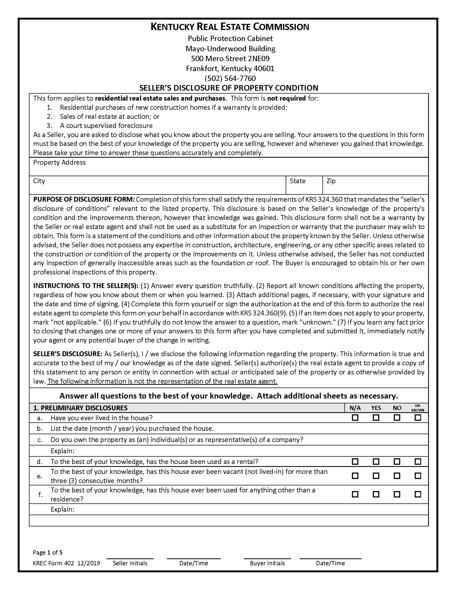 Free Kentucky Property Disclosure Statement PDF