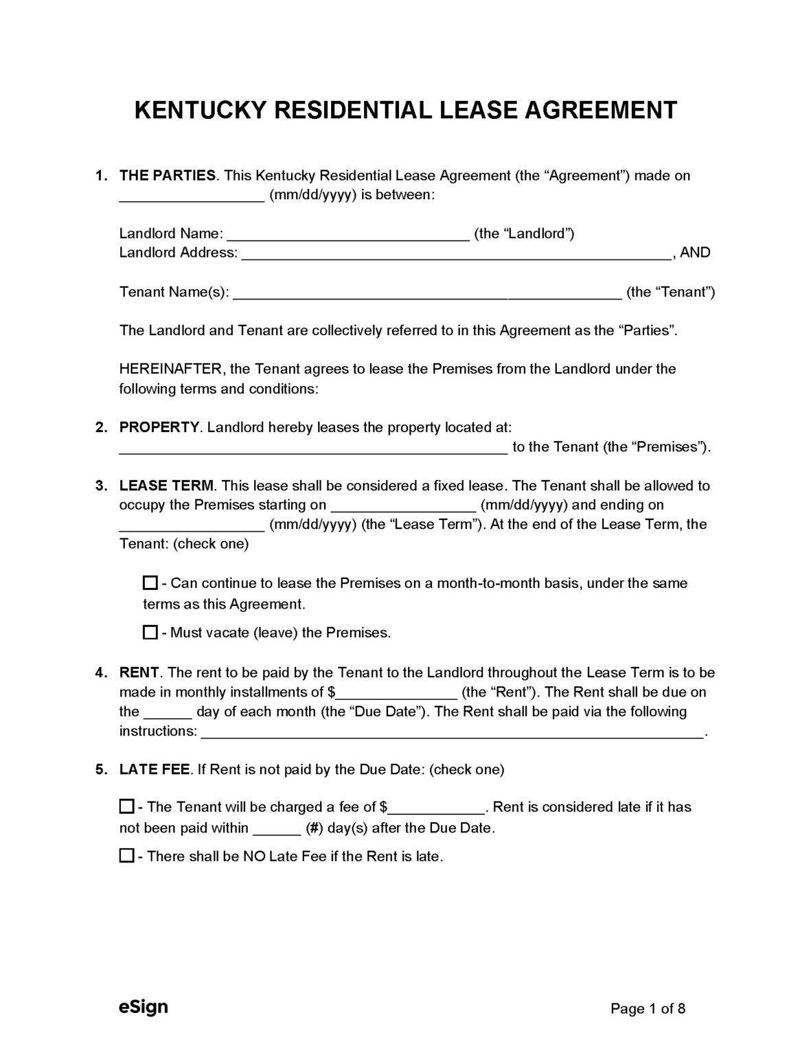 Free Kentucky Standard Residential Lease Agreement Template PDF Word
