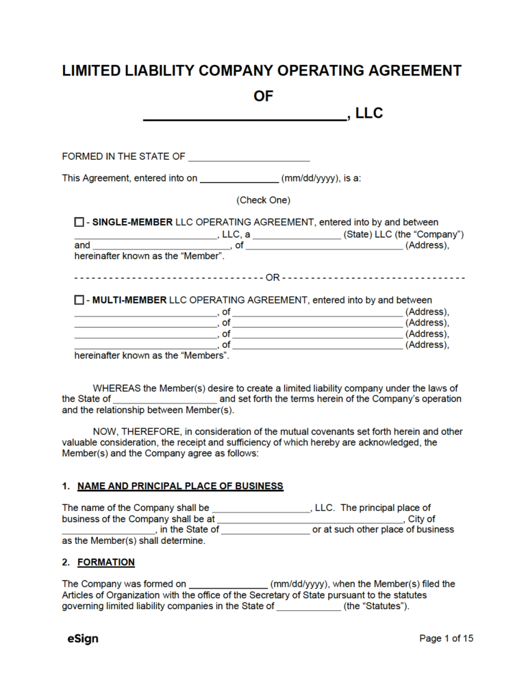 Free LLC Operating Agreement Template PDF Word