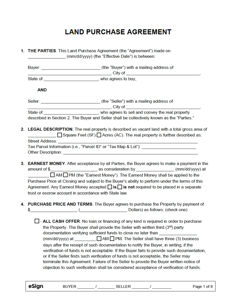 Free Printable Purchase Agreement For Land