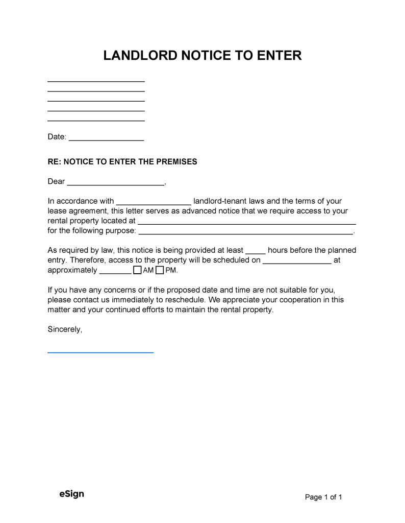 Free Landlord Notice to Enter Form | PDF | Word