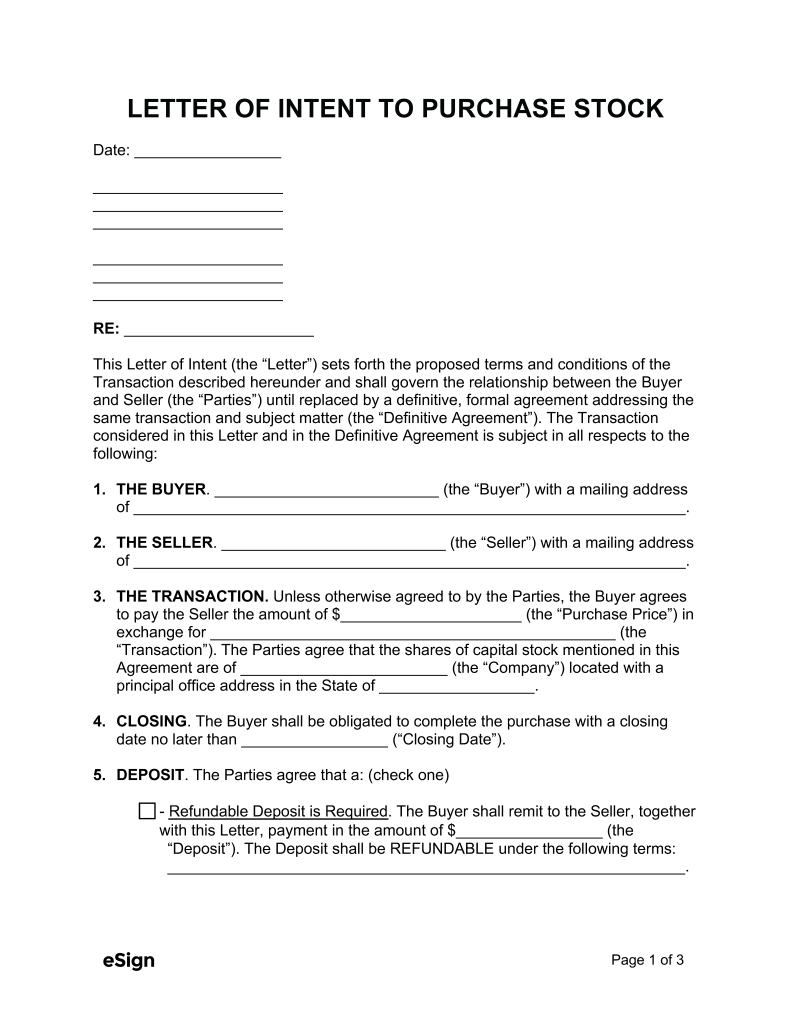 Free Letter of Intent to Purchase Stock | PDF | Word