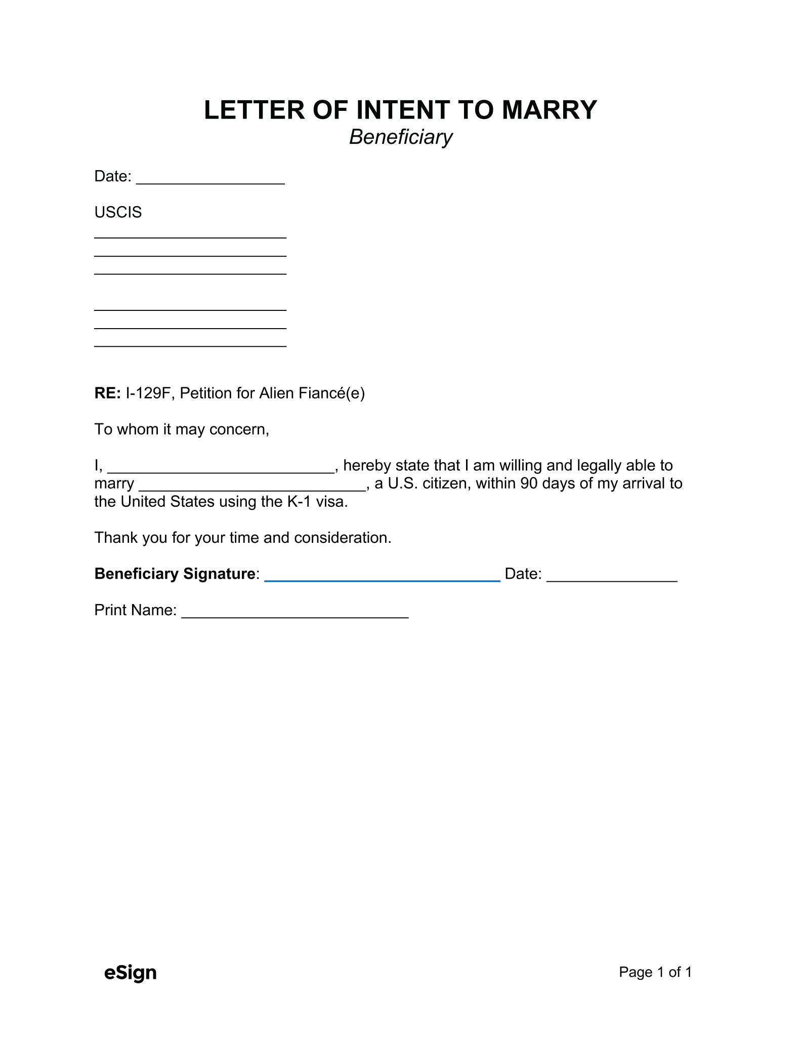 Free Letter of Intent to Marry (within 90 Days) | PDF | Word