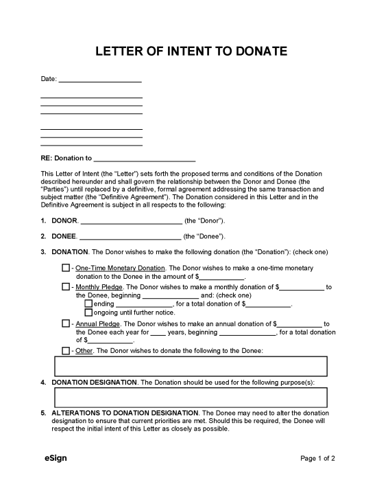 Free Letter of Intent to Donate | PDF | Word