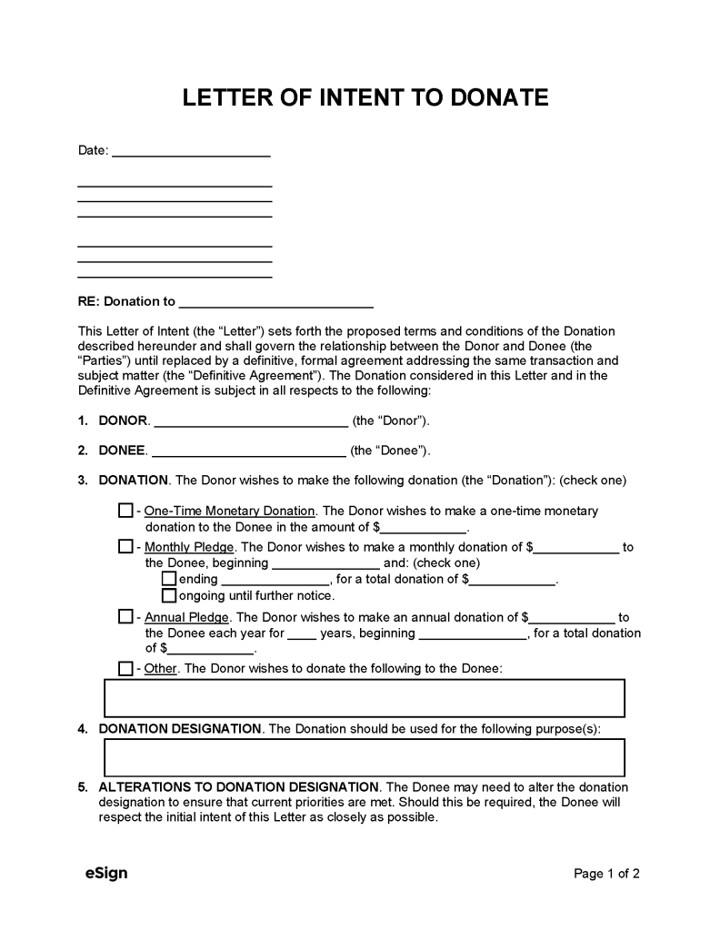 Free letter of intent to donate pdf word