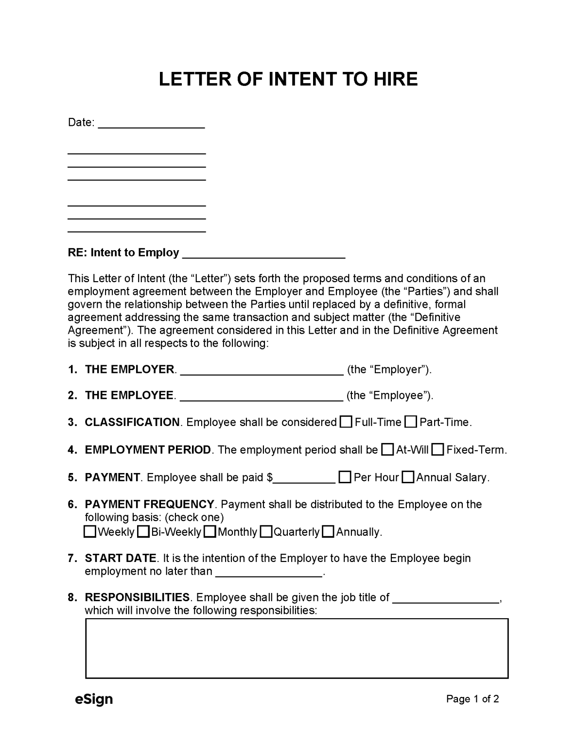 Free Letter of Intent to Hire | PDF | Word