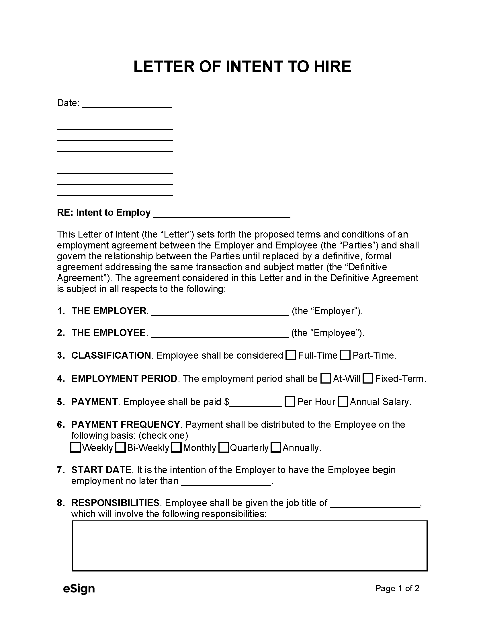 Free Letter of Intent to Hire PDF Word