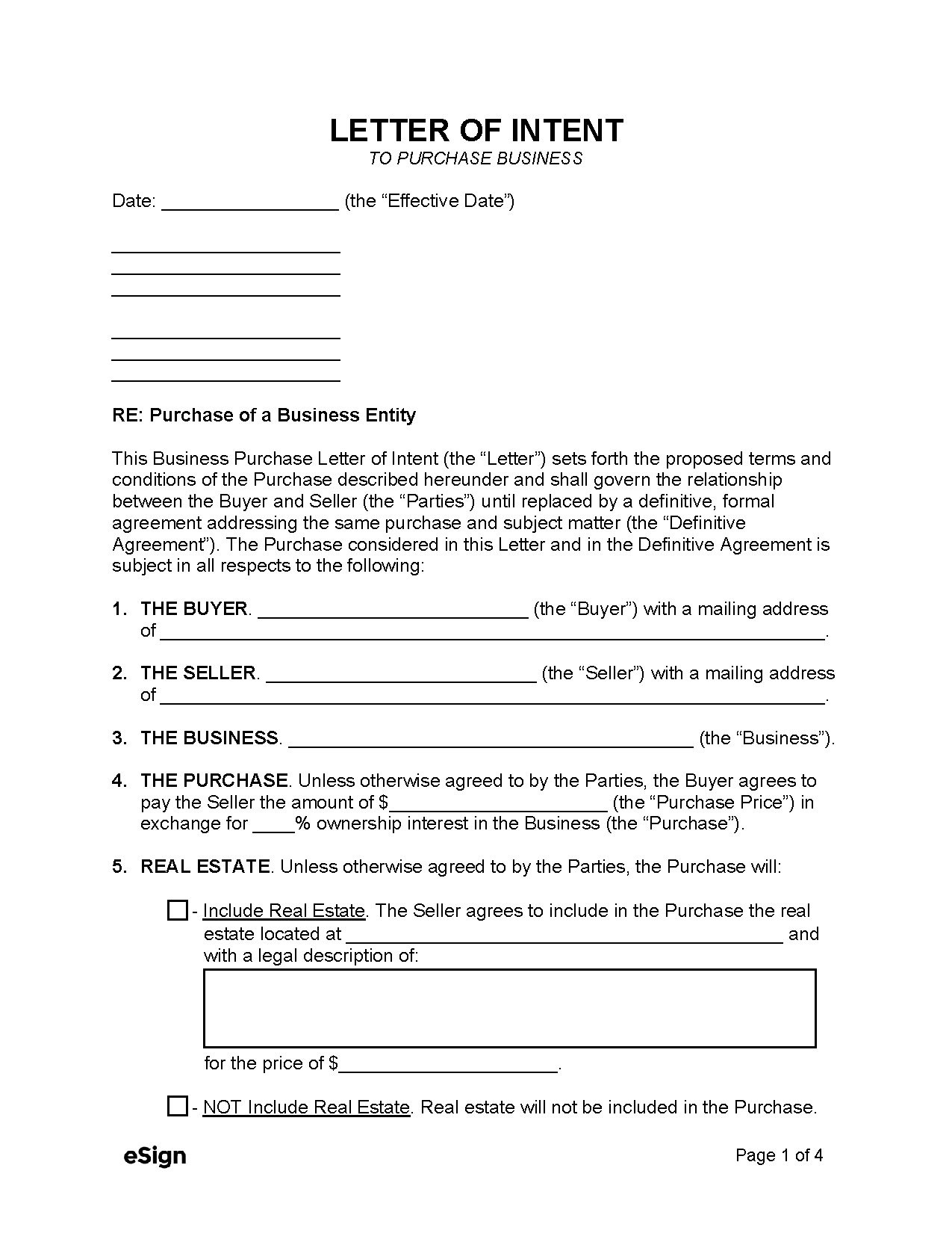 Free Letter Of Intent To Purchase Business PDF Word