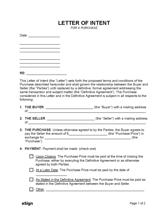 Free Letter of Intent to Purchase | PDF | Word