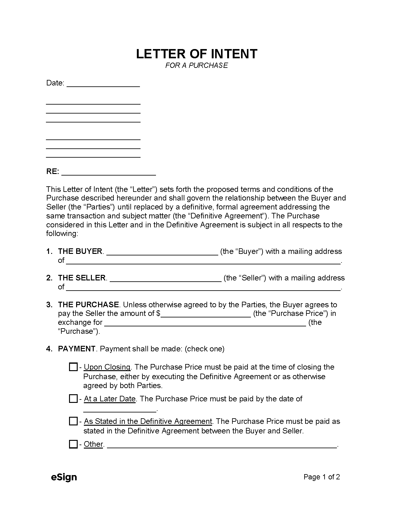 Free Letter Of Intent To Purchase PDF Word