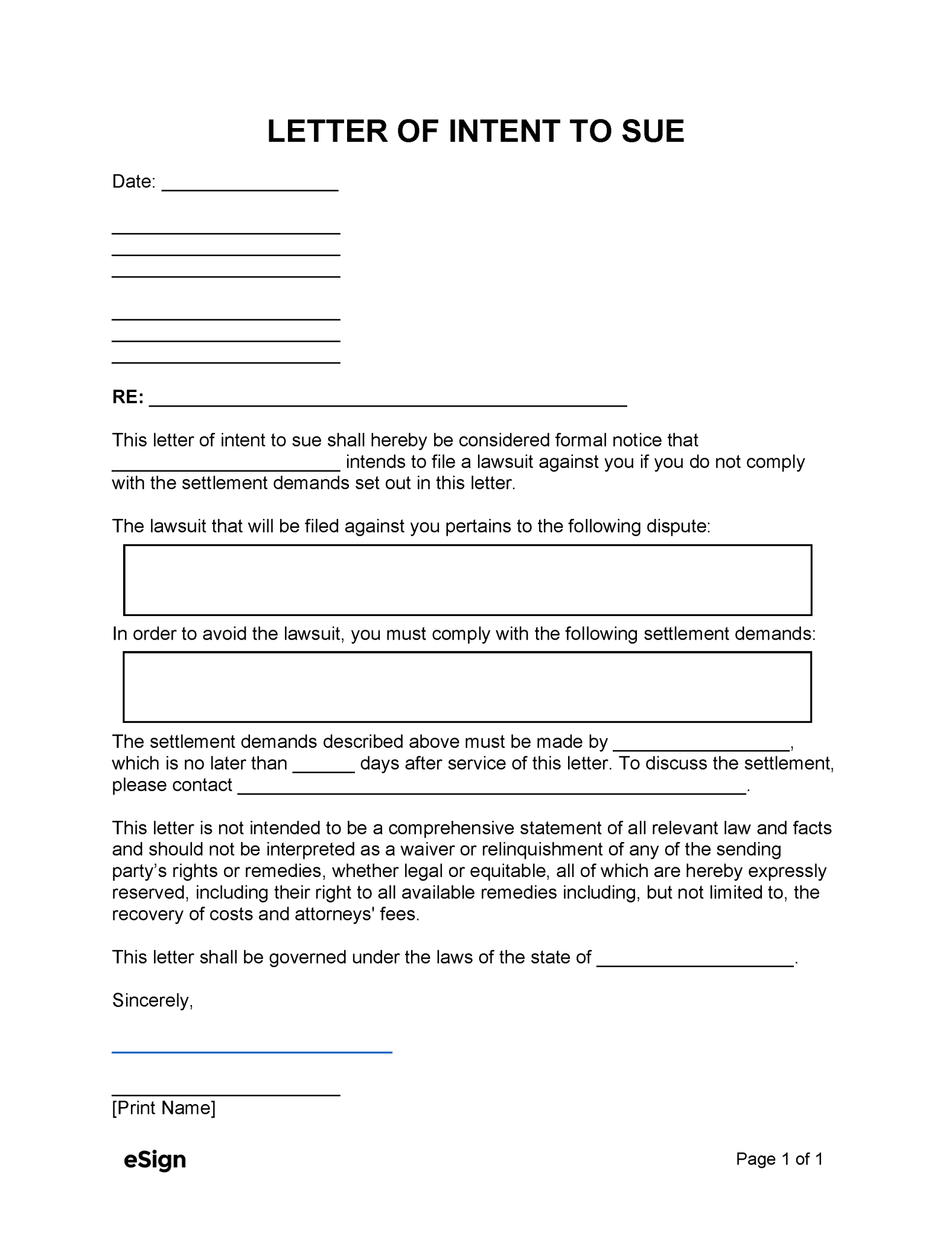 Free Letter of Intent to Sue (With Settlement Demand) PDF Word