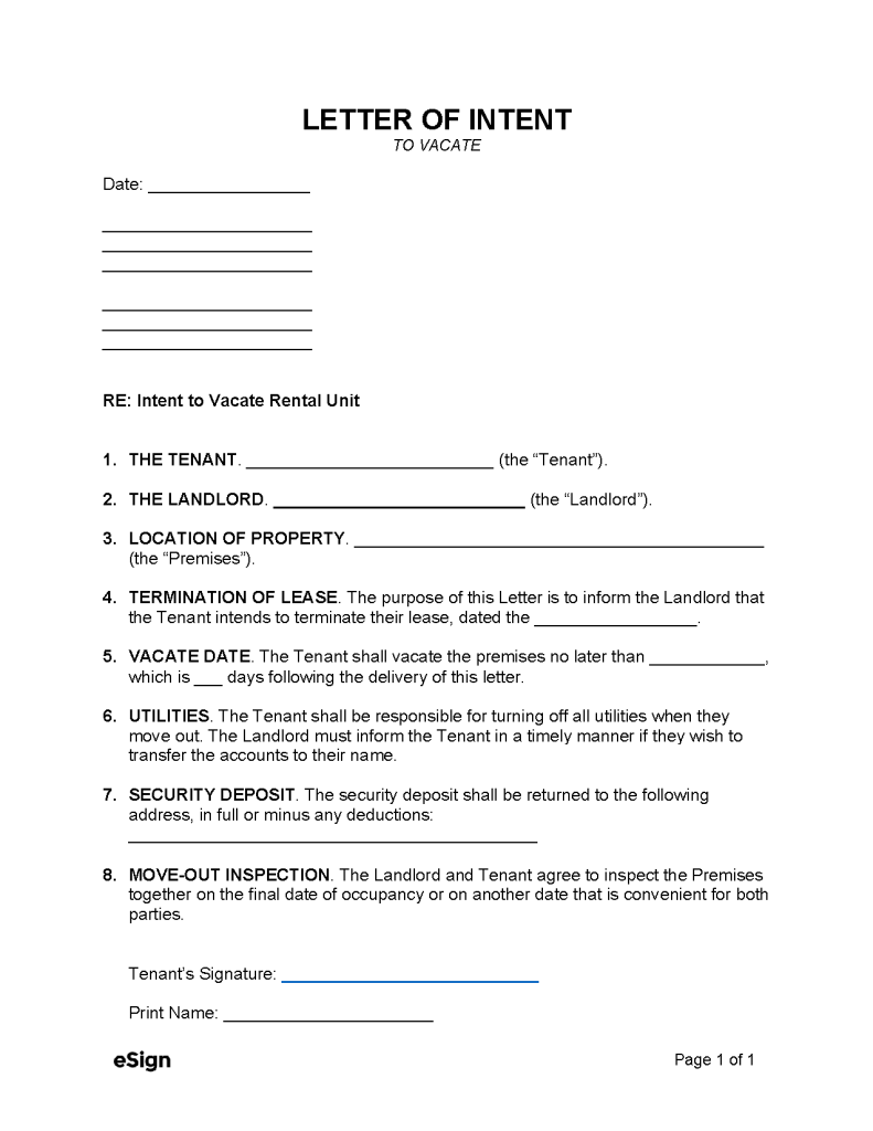Free Letter Of Intent To Vacate PDF Word