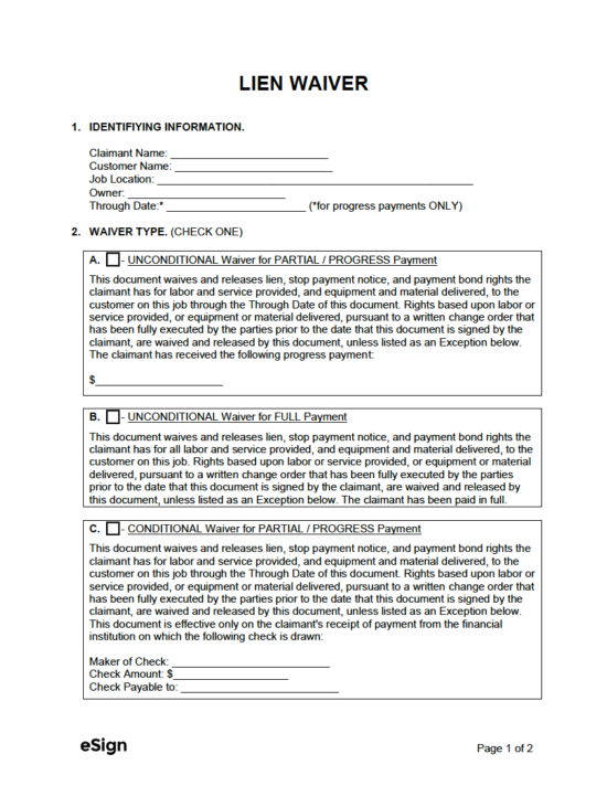 Free Lien Waiver Forms PDF Word