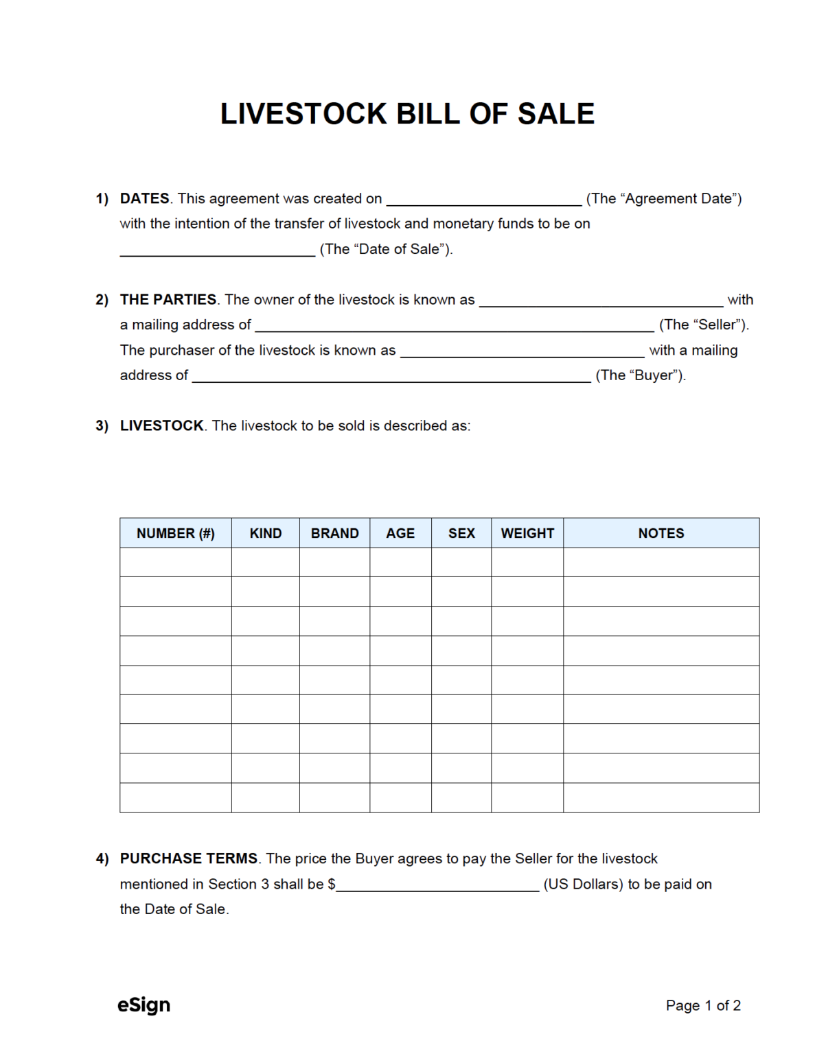 Free Bill of Sale Forms PDF Word