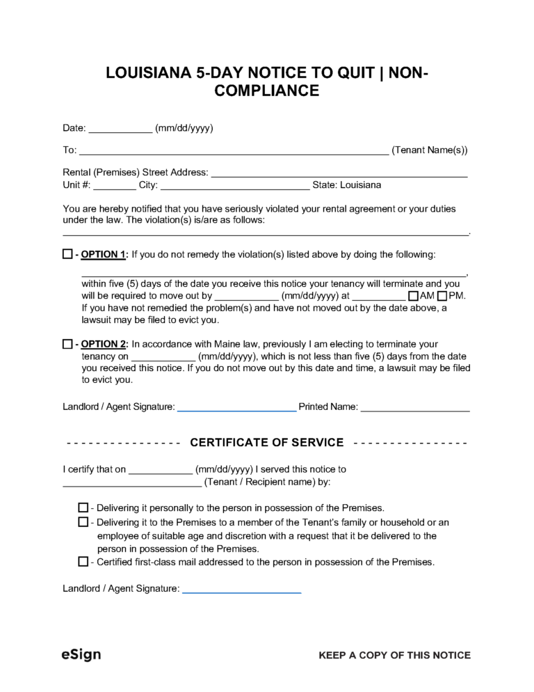 Free Louisiana 5-Day Notice to Quit | Non-Compliance | PDF | Word