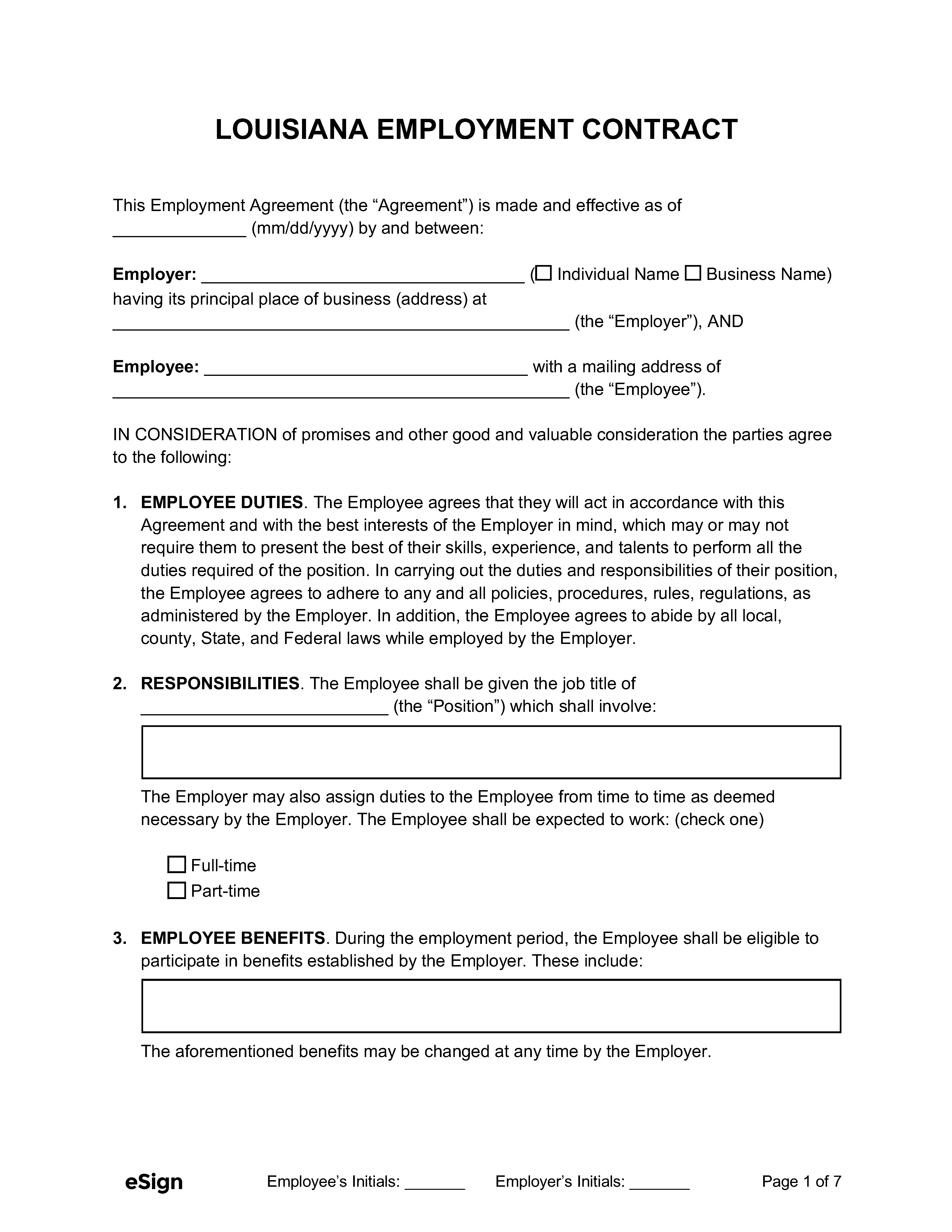 Free Louisiana Employment Contract Templates PDF Word