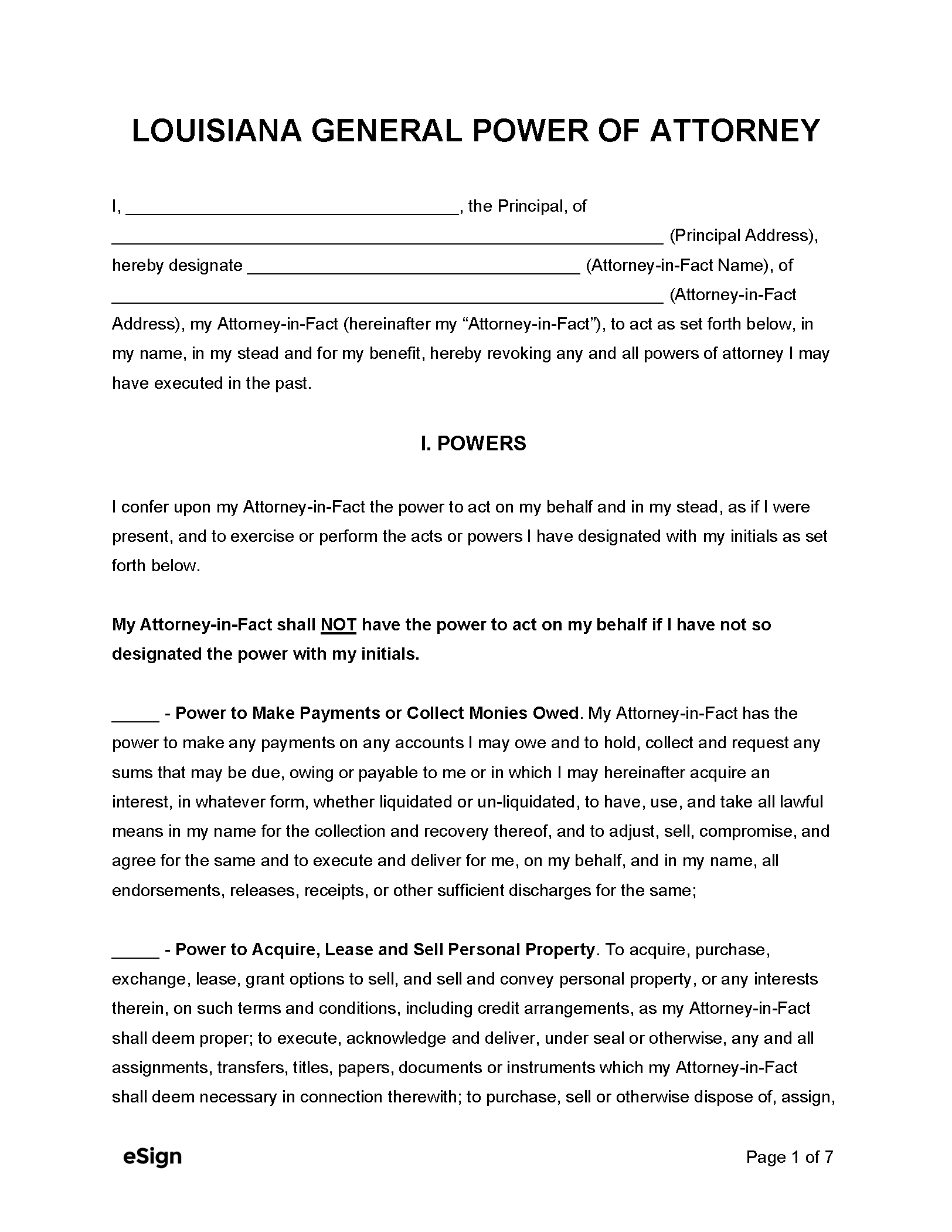 Free Louisiana General Power of Attorney Form PDF Word