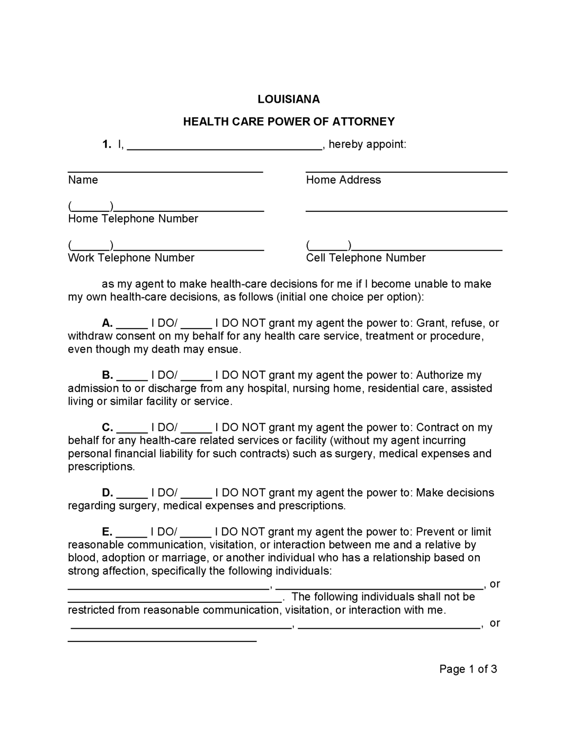 Free Louisiana Medical Power Of Attorney Form PDF Word