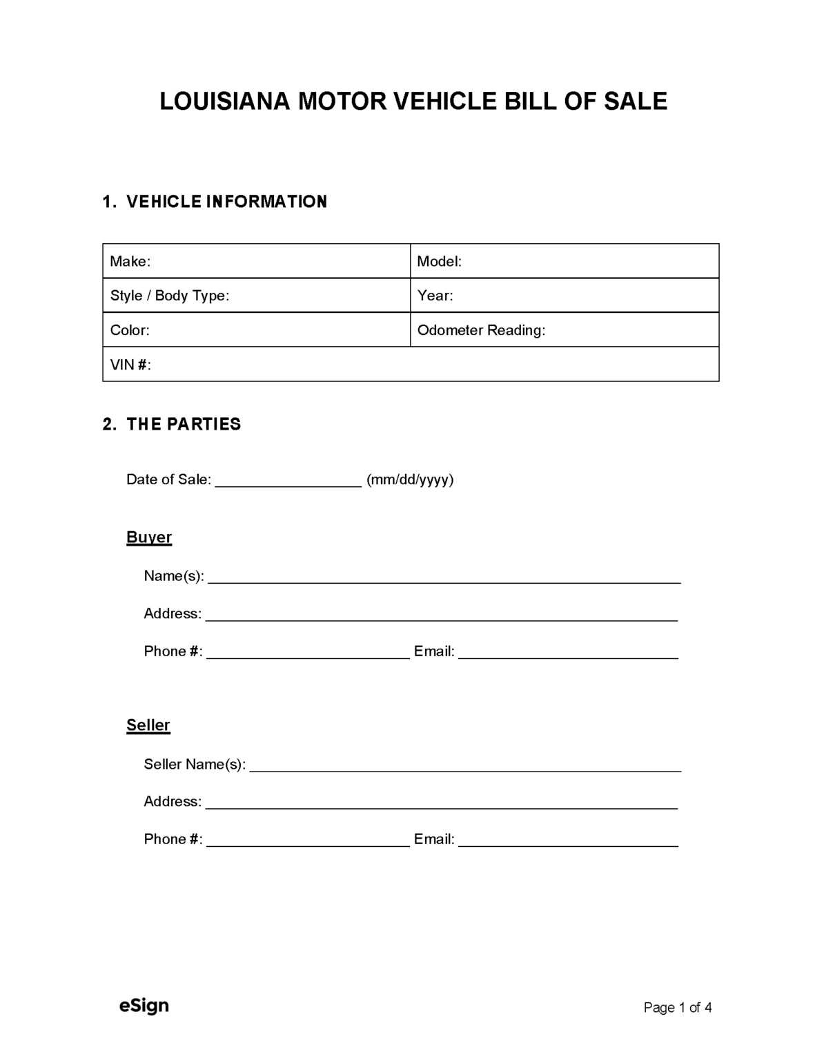 Free Louisiana Bill Of Sale Forms PDF Word