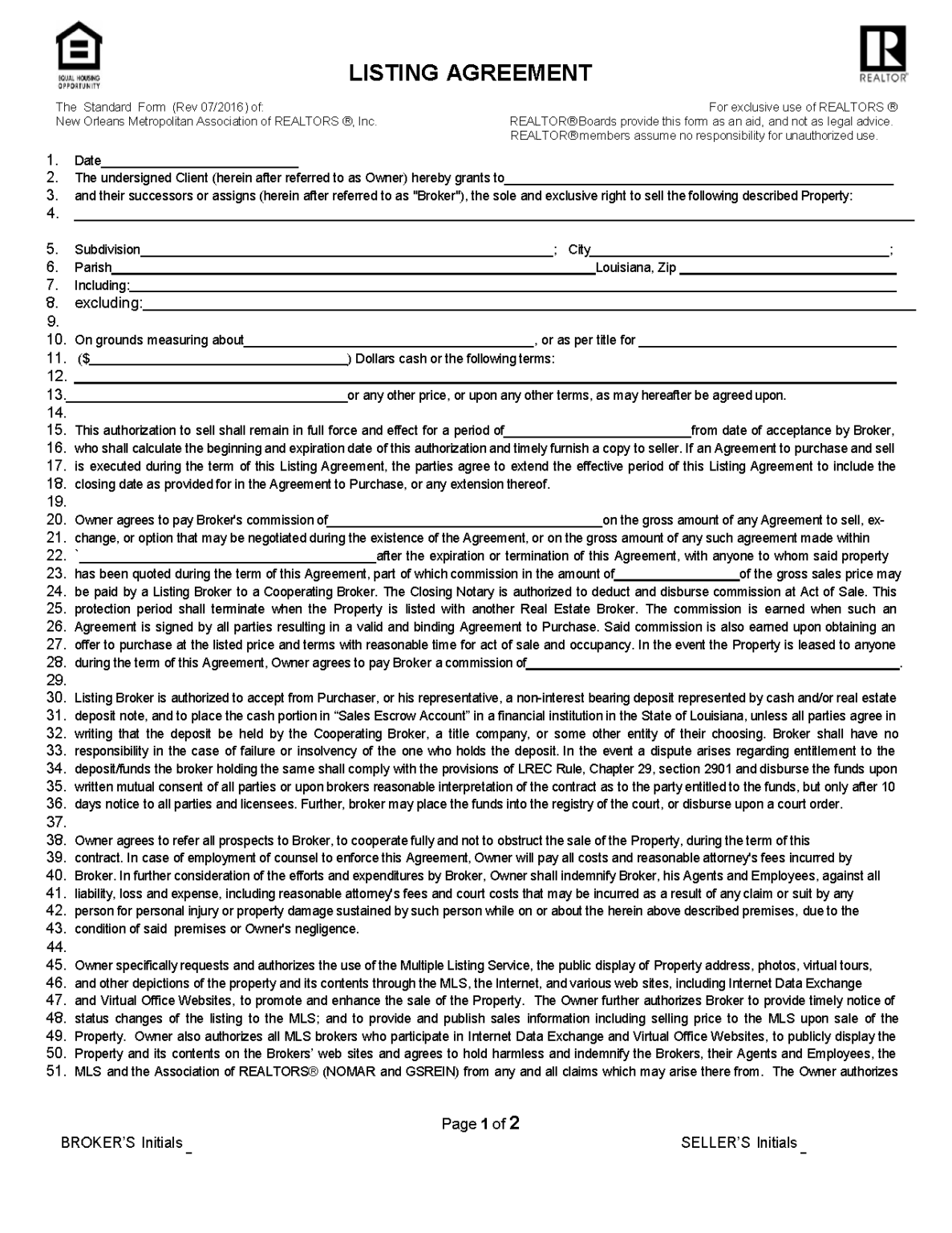 Free Louisiana Real Estate Listing Agreement PDF Word