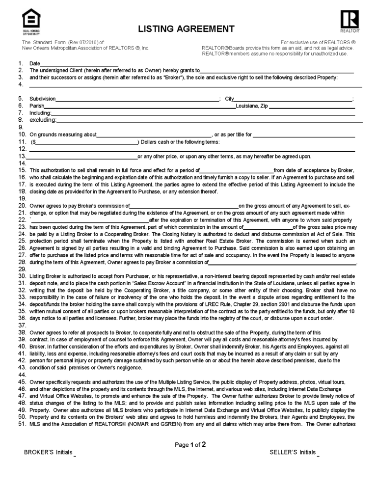Free Louisiana Real Estate Listing Agreement | PDF | Word