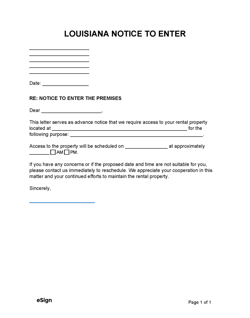 Free Louisiana Landlord Notice to Enter | PDF | Word