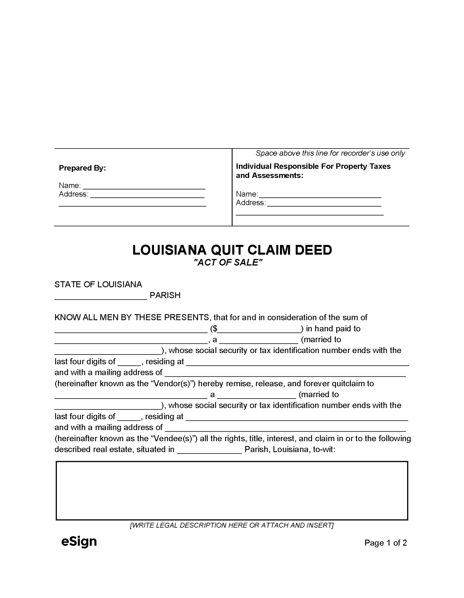 Free Louisiana Quit Claim Deed Form | PDF | Word