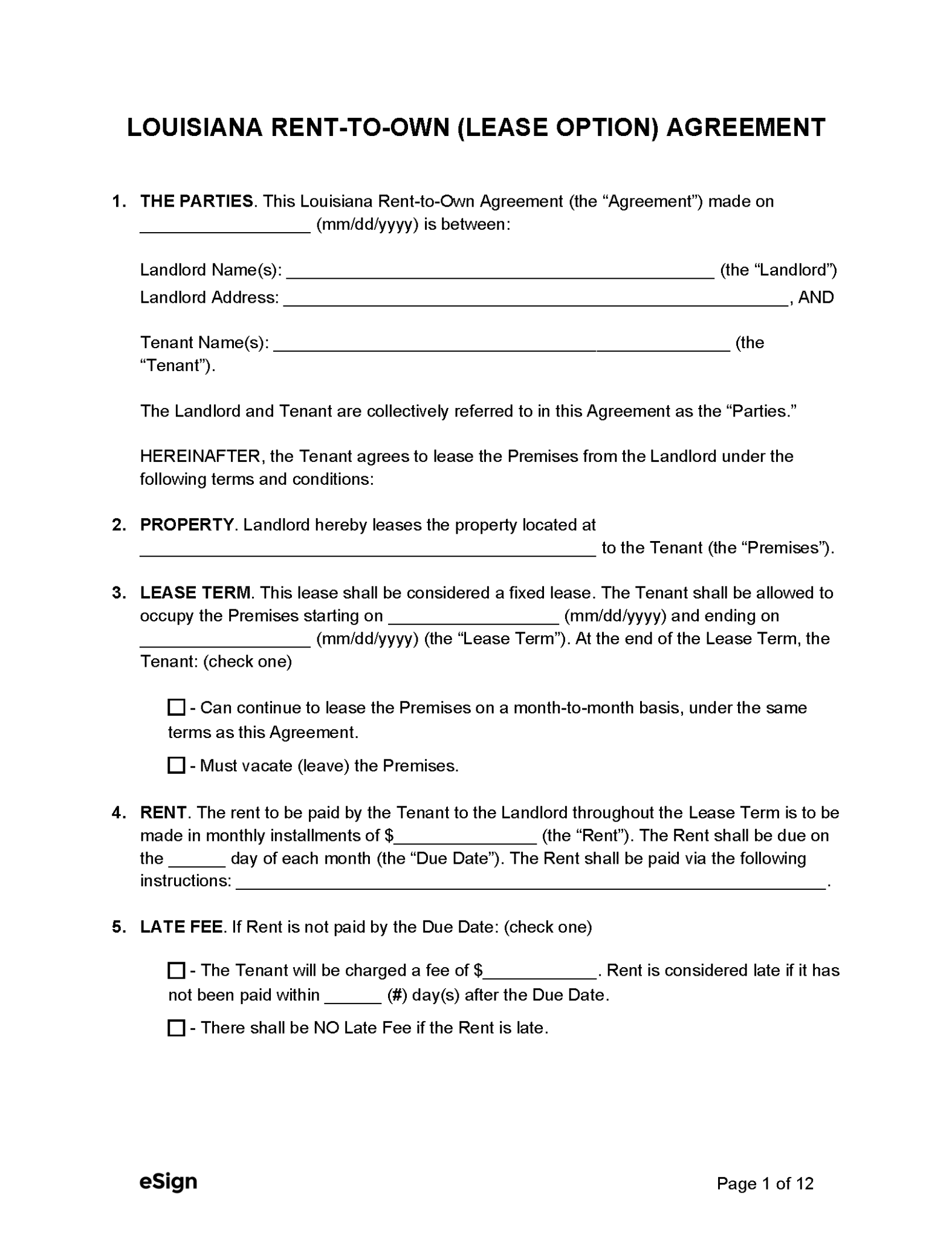 Free Louisiana RenttoOwn (Lease Option) Agreement PDF Word