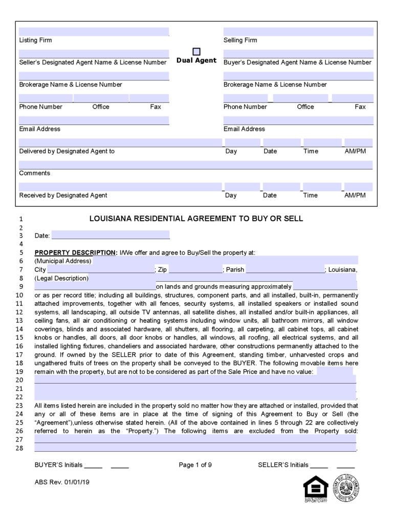 Free Louisiana Residential Purchase and Sale Agreement PDF Word