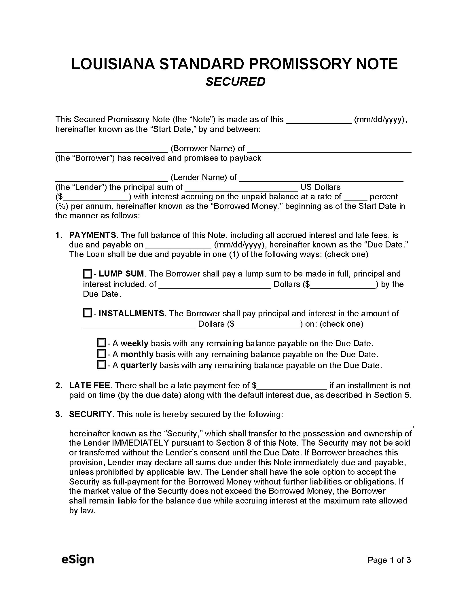 Free Louisiana Secured Promissory Note Template PDF Word