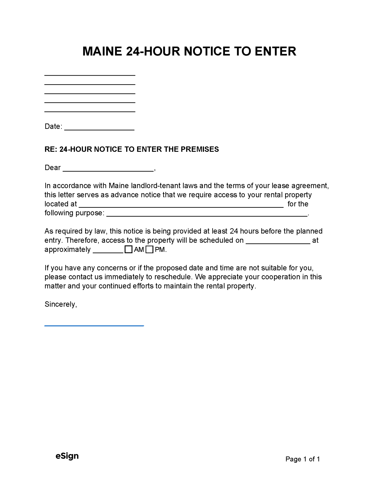 Free Maine Landlord Notice to Enter | 24-Hour | PDF | Word